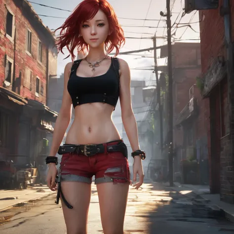 ((medium breast, long hair, small head)), daylight, Sun Ray, (defined abs: 1.1), (perfect body: 1.1), (short wavy hair: 1.2), Red hair, Collar, chain, Full length photo, A shabby street, wear a black tank top, JEAN JACKET, ((shorts)), (extremely detailed C...