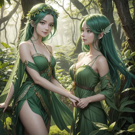 "The Leaf Fairy is a mystical creature with a deep connection to nature and the wind. She has short, flowing green hair, delicate wings resembling leaves and flowers, and eyes that radiate the life force of nature. She appears to be in her early twenties, ...