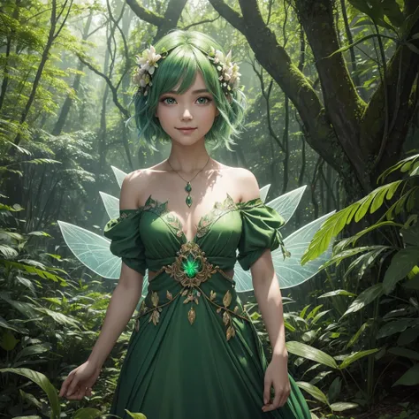 "The Leaf Fairy is a mystical creature with a deep connection to nature and the wind. She has short, flowing green hair, delicate wings resembling leaves and flowers, and eyes that radiate the life force of nature. She appears to be in her early twenties, ...