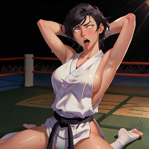 ((((masterpiece, best quality, high resolution)))), Extremely detailed 8K, 1 female, wearing a white Karate gi, (ahegao),white eyes, Small breasts, full body, kneeling, muscle, tired, japanese clothes,  No underwear,No eyeballs, Facing the audience, lookin...