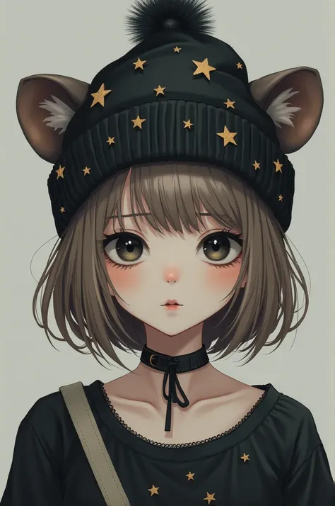 young guy, Pale skin, black eyes, Light brown hair, They wore emo-style clothing with faded colors, They wear a beanie with star accessories and have otter ears