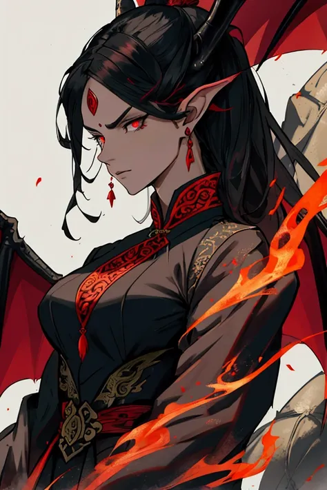 Woman, with wings and dragon tail, irritated, Eyes red, Bblack hair, black detailed dragon scale outfit, village destroyed by fire.