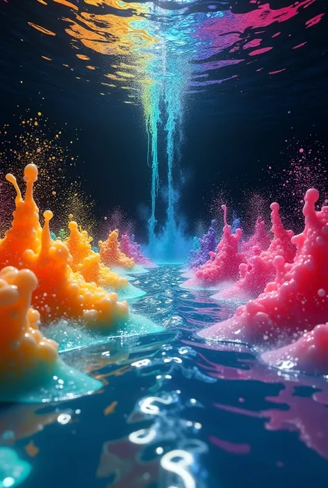 3D abstract rainbow liquid, low angle camera shot from under water, paint sprayed to water from left and right side, paint in rainbow colours, black background, illustrative, UHD