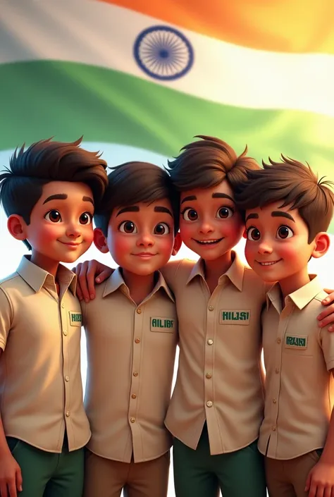   "Background indian flag"
4 boy enjoying Independence day "SARIF " SAMIM "SANY" RAHUL " Thare indian formal shart front side there name "SARIF " SAMIM "SANY" RAHUL " 
