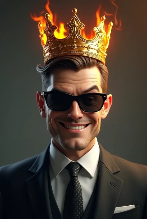 Businessman with sunglasses and an arrogant smile wearing 2 crowns on his head, a golden one and a magma one and with brown hair