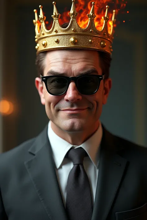 Businessman with sunglasses and an arrogant smile wearing 2 crowns on his head, a golden one and a magma one and with brown hair