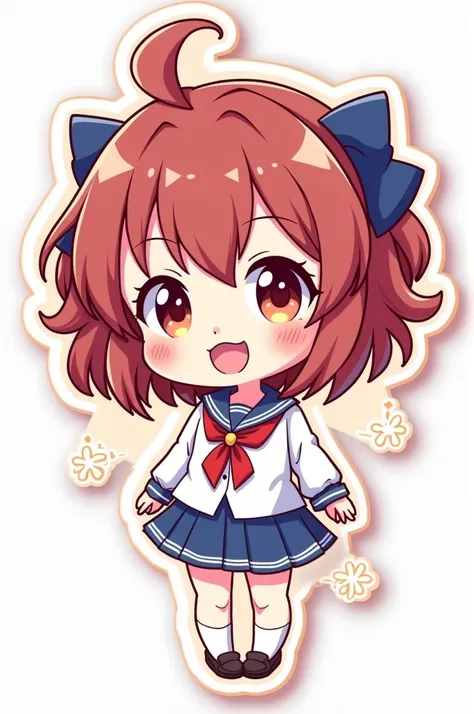 Generate an anime style sticker of a chibi woman, with borders and white background