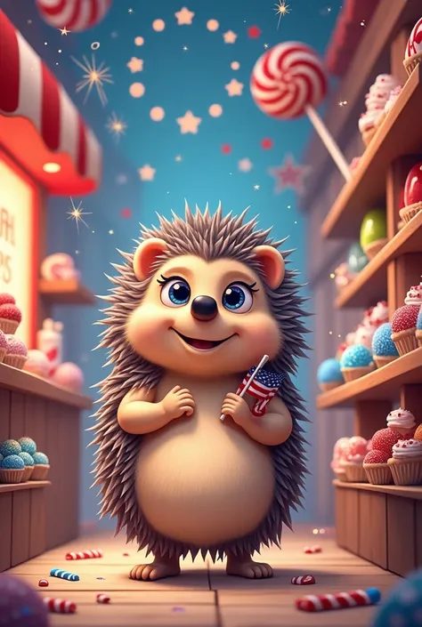 dtom party candy store with a cute curly hedgehog mascot 

