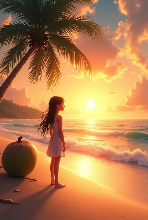 Girl on a beach at sunset next to a palm tree and a coconut