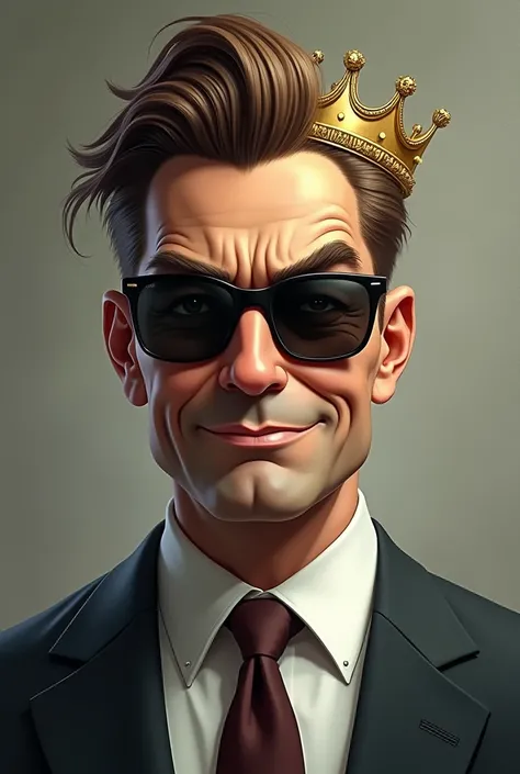 A businessman with sunglasses and an arrogant smile, wearing two crowns on his head and with brown hair that is styled in a quiff.