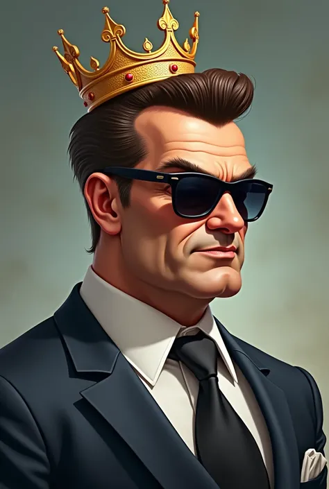 A businessman with sunglasses and an arrogant smile, wearing two crowns on his head and with brown hair that is styled in a quiff.