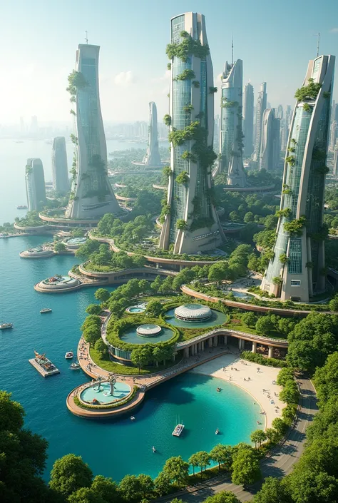 Create an image of an eco-futuristic city with green and marine areas
