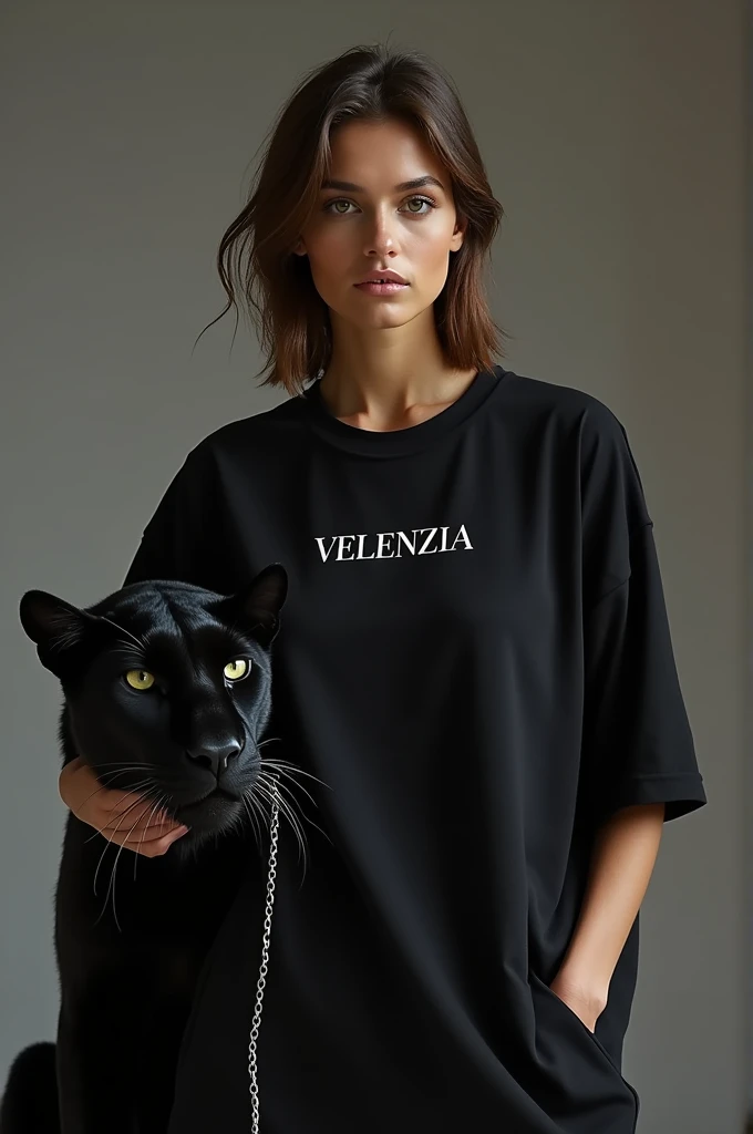 Make a photo of a model wearing a black color oversized tshirt and on the tshirt its written VELENZIA on it with white colour and model is standing with holding with chain  a real black panther 