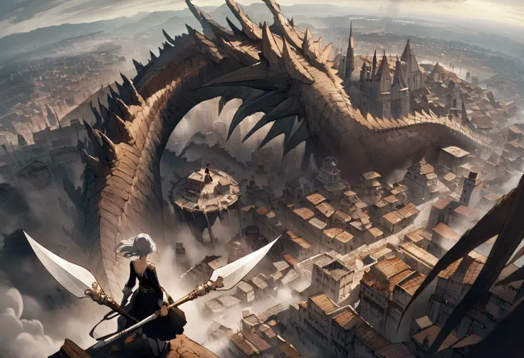 A woman holding a spear. In a battle with a giant dragon, White Hair, Back view, Panoramic view from above, A crumbling city