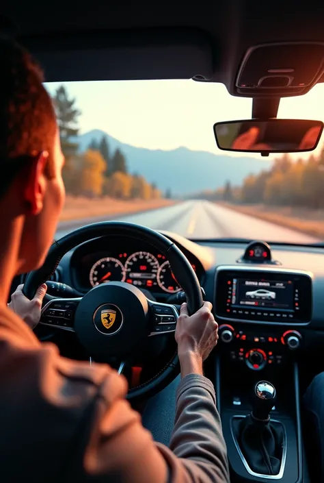 Left driver a high speed sports car driving at high speed, right driver view from steering wheel, speedometer showing very high speed, detailed car interior, fast motion blur, dynamic composition, cinematic lighting, vibrant colors, dramatic tension, photo...