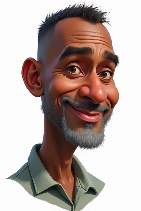 Create a caricature on a white background of a forty-year-old man, dark-skinned, with little hair but not bald and a low gray beard
