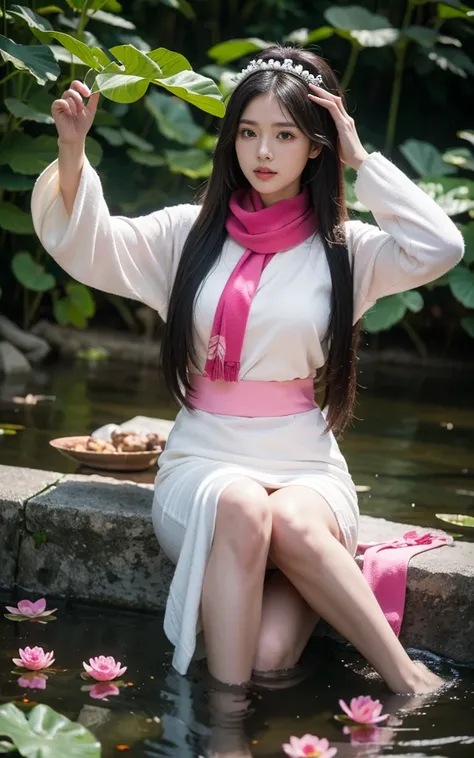 32K（masterpiece，HD，超HD，32K）飘逸的黑Long hair，pond，bloom，  Aozhou people （Concubine）， （Scarves）， Fighting Stance， Looking at the ground， Long hair， Flowing hair， Carp pattern headdress， Chinese long-sleeved clothing， （abstract ink splash：1.2）， Pink petal backgr...