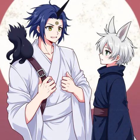 A tall man with long bluish-black hair, yellow eyes, a horn, and a dragon tail, wearing a white yukata that reveals a bit of his muscular chest, standing next to a short boy with black hair, green eyes, fox ears, and a fox tail.