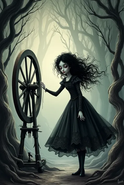 Generates a Tim Burton-style drawing of a curly black-haired girl with shoulder-length hair, Victorian gothic dress in front of a spinning wheel about to prick her finger in the style of Sleeping Beauty
