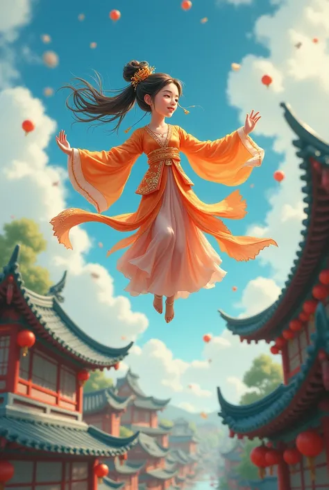 A Chinese anime character in traditional clothing is flying over rooftops.