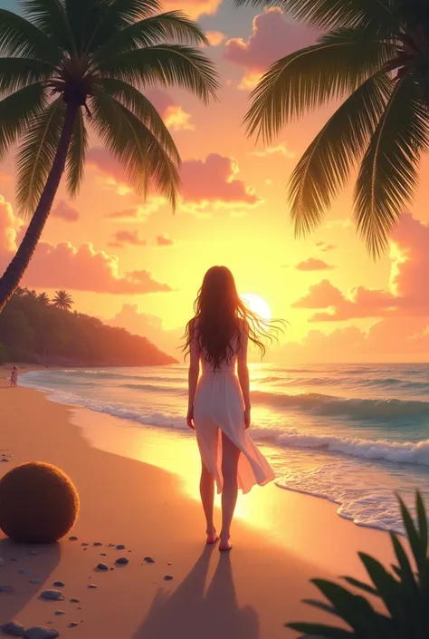 Girl on a beach at sunset next to a palm tree and a coconut