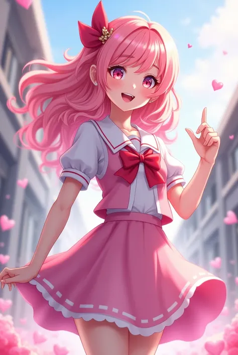 female、Pink and white school uniform、Pink vertical curls with a lot of volume、恋の魔法少female程度の能力、Pale skin