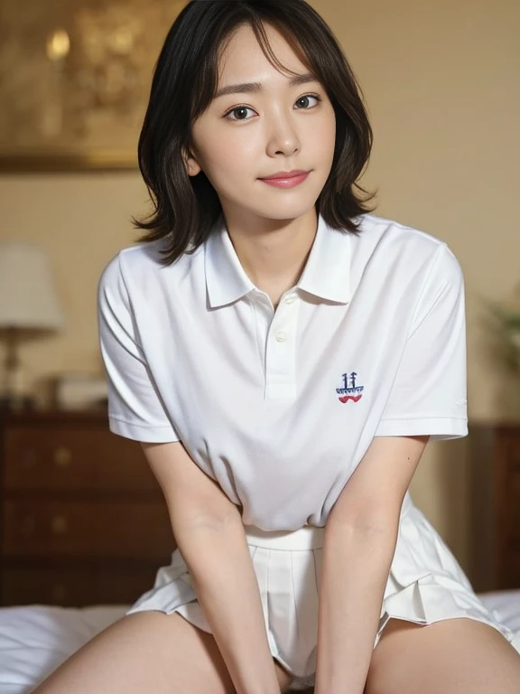 (Masterpiece, Best quality:1.3), (Ultra realistic, Photo-realistic:1.2), looking at each other, Natural light, 28 years old actress, Japanese beautiful 2 women, Neat and clean, (White tennis uniform, White short-sleeve polo shirt with darknavy line collar:...