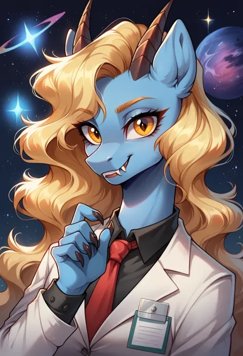 (Masterpiece), Best quality, 8K UHD, 1girl, mature women, milf, office cloths, pony style, very detailed, 1girl, solo focused, professional art, My little pony, custom character,  blackbhorns, golden eye, blue skin, claws, space background, galaxy, long bl...