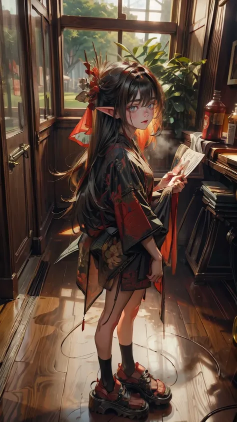 elf girl,full body ,detailed eyes, beautiful eyes, short hair,red crimson hair, chinese ornaments,lewd big , oily skin, sexy ,long hair, short dress, geta shoes, very big , lewd sexy pose, vivid colors, vibrant colors ,inside tavern,kimono,glare, evil star...