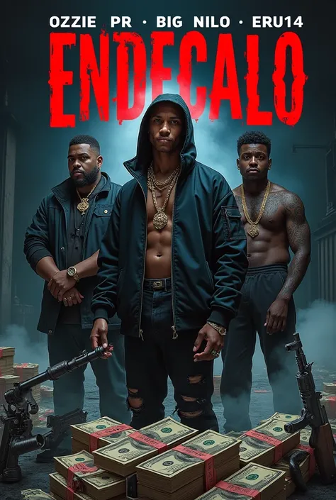 Thumbnail for a trap song called ENDECALO, featuring singers OZZIE PR X BIG NILO X ERU14 with visuals of drugs, money, and weapons, but no white-gloved people appearing