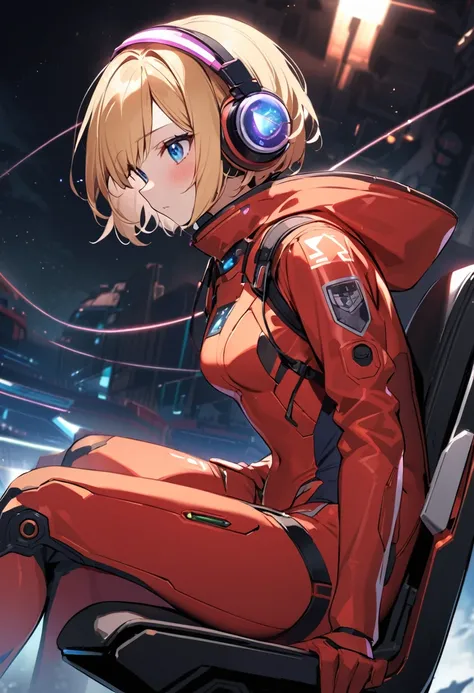 ( short hair, street, Emo, Blonde, Blue Eyes, ,headphone,eyeliner, Apocalypse, , internal (cockpit) of (Futuristic spaceship:1.6), , blush,Sit on a chair, Covered navel, Space Helmet, Mvrów, Space Helm, Plug Suit , Space Helmet, Eva Helm,Red bodysuit, shor...