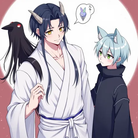 A tall man with long, bluish-black hair reaching his knees, yellow eyes, horns, and a dragon tail, wearing a white yukata that reveals a bit of his muscular chest, next to a short boy with black hair and green eyes, wearing fox ears and a fox tail. 