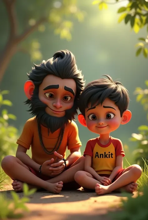 in 3d animation style A nice photo in which Hanuman and a 15year boy are sitting with folded hands and the name Ankit is on his t-shirt.