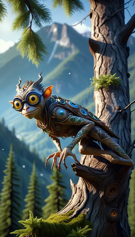 A four-eyed humanoid creature stands on a tree branch in the mountains.(best quality，4K，8k，High level，masterpiece：1.2），Ultra Detailed，（lifelike，Photo real，Photo real：1.37），Highly detailed animals，Complex patterns，Realistic lighting