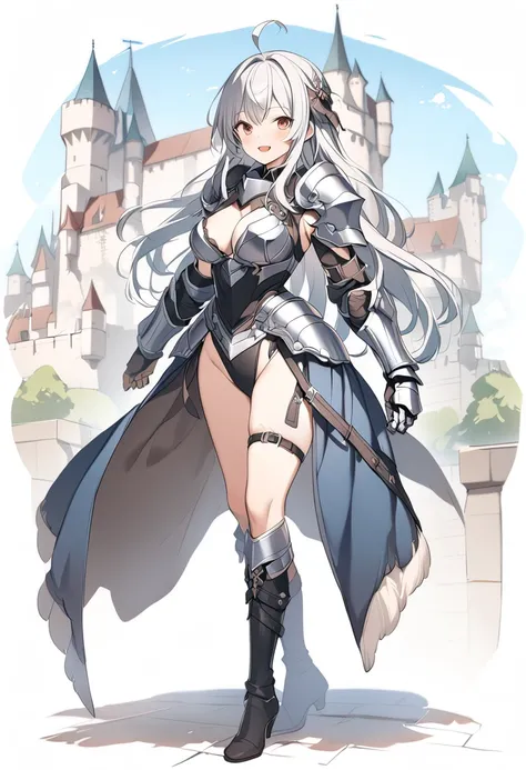 Woman knight、a beauty girl、huge tit、Excellent style、Nice Buddy、glamorous、leotard、s Armor、Bra chest armor、knee boots、gauntlets、hair adornments、silber hair、Longhaire、Ahoge、a medieval castle、is standing、full body seen、Outside the castle、natta、a smile、slightly...