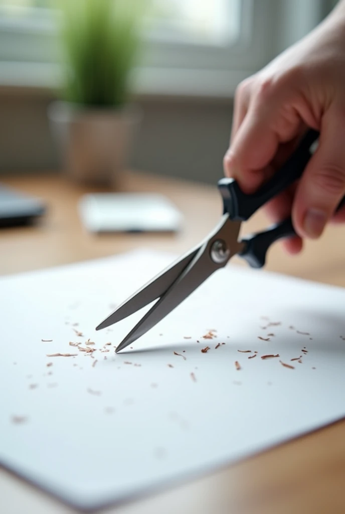 A left-handed craft scissors cuts a sheet of paper.