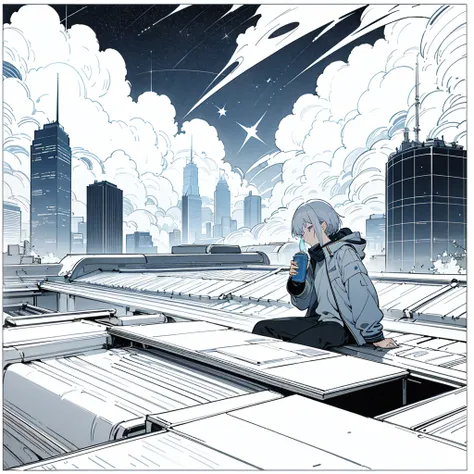 masterpiece, best quality, highly detailed,
two anime characters, rooftop night scene,
white-haired boy standing, looking at sky,
silver-haired girl sitting, drinking from thermos,
starry night sky, shooting star,
city skyline in background, skyscrapers,
c...