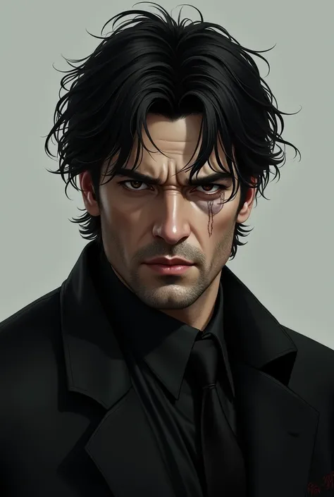 A man with messy black hair, mature face, mole under his left eye, eyes with dark pupils (completely) wearing a black suit. 