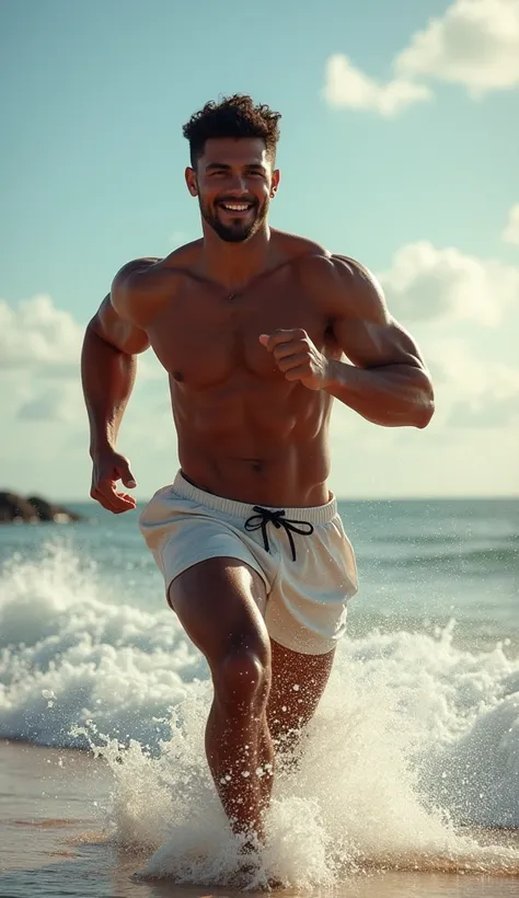 photorealistic, best quality, masterpiece, extremely detailed, sexy, homoerotic, extremely handsome, 20 year old samoan man, muscular bodybuilder, smiling, running towards the sea, splashing waves, extremely romantic atmosphere, perfect face, perfect finge...