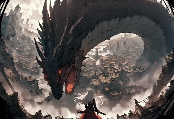 Woman with a sword. In a battle with a giant dragon, White Hair, A back view of someone facing forward, Panoramic view from above, A crumbling city, inflammation