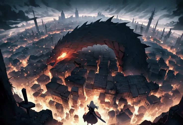 Woman with a sword. In a battle with a giant dragon, White Hair, A back view of someone facing forward, Panoramic view from above, A crumbling city, inflammation