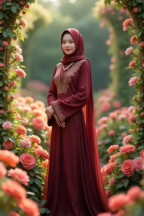 A beautiful Indonesian girl wearing a hijab and a long maroon-colored luxurious and elegant gamis dress, standing in a beautiful and bright flower garden, realistic full HD high quality 5D 46k image. 