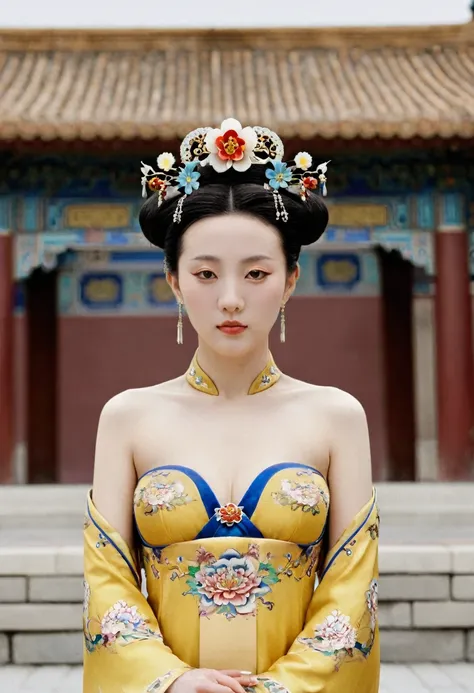 Front view of a Qing Dynasty empress in a Chinese palace during the Qing Dynasty. She is naked and has large breasts. She is wearing a crown and a flower hairpin.、. The background is the stone paving of a Chinese palace during the Qing Dynasty..