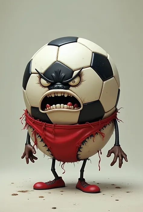 Create a 2d soccer ball wearing a red thong, but just the ball without human shape and with the thong on and that it is broken, and the ball has an angry face 