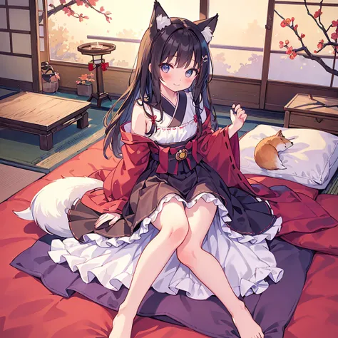 Highest quality, masterpiece, detailed, One person,small,cute,blush,smile,Chemise dress,Long Hair,Cat ear,(Fox tail),sitting on a futon, Cowgirl, From below, Cowboy Shot, ((Japanese-style room)), (darkness), Perfect Legs,barefoot