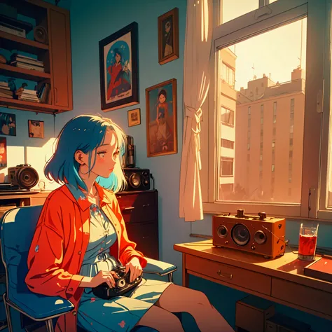 A masterpiece, top quality, featuring a woman sitting by the window of an old apartment enjoying LOFI music playing from a vintage record player. Featuring young women in casual, colorful clothing, the mood is nostalgic and dramatic.