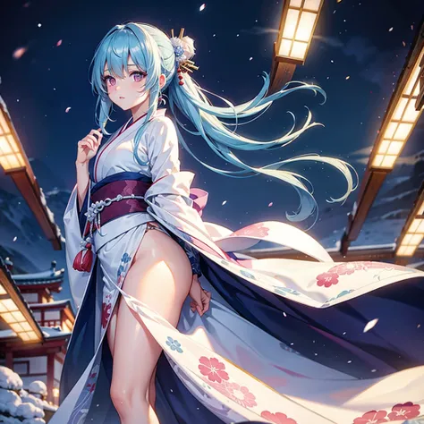 (Sky blue hair tied in a single strand),(Pink Eyes),Fair Skin,Full Body,Alone,Snowy Night,Drawing a divine lot at a temple,japanese kimono,Masterpiece, Top Quality, Very Detailed, Best Shadows,Detailed Background,Beautifully Detailed Face,High Contrast,Bes...