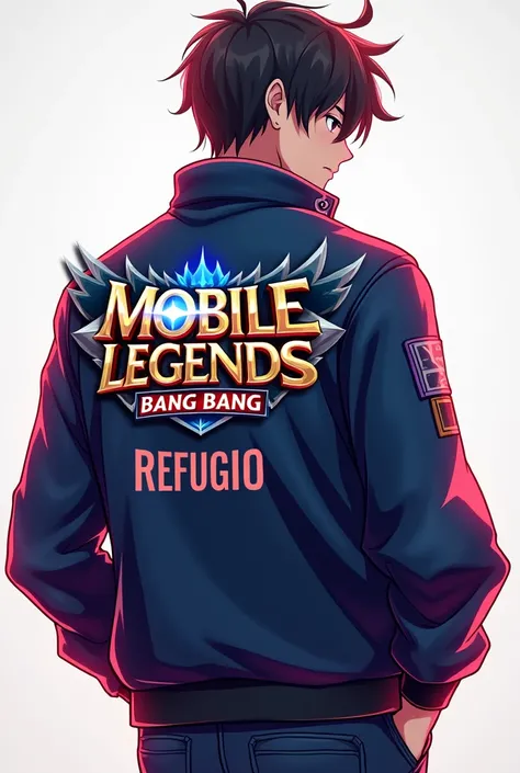 Anime Man not too musculen facing full back like her head sidewearing jacket with the logo of moblie legends bang bang with my last name REFUGIO