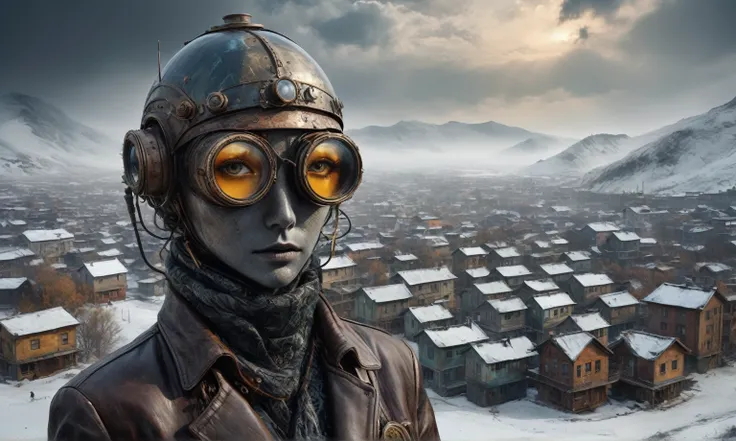 insane pilot from USSR , camouflage Rusty, after a psychiatric clinic,winter,intricate landscape,slate grey atmosphere,film grain,faded,eyes extremely detailed,another world,view from height,once pretty face,eyebrow up,full body shot,ominous landscape, Sim...