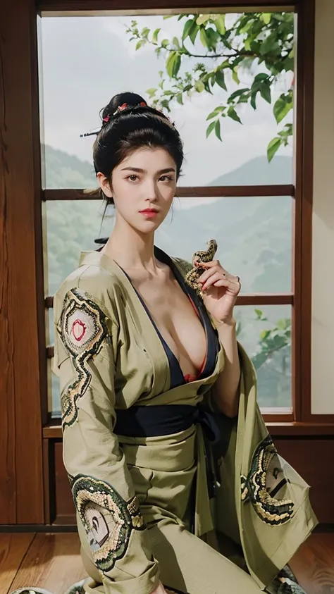 (masterpiece), best quality, expressive eyes, perfect face, Matured, Sharp eyes, HD, Benisato, kunoichi, snakes tattooed, chin, She is a tall and matured woman with a slender curvaceous build with long legs and arms, Although a ninja herself, Benisato has ...